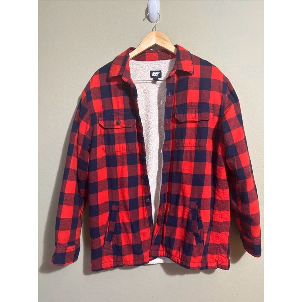 Lands End Shirt Mens Medium Red Flannel Sherpa Lined Shirt Jacket Red/Blue